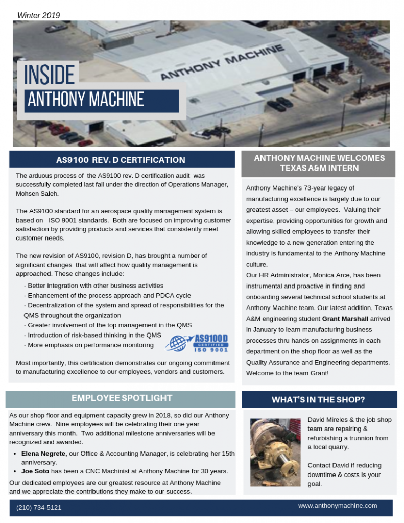 1st quarter 2019 Anthony Machine precsiion machining newsletter